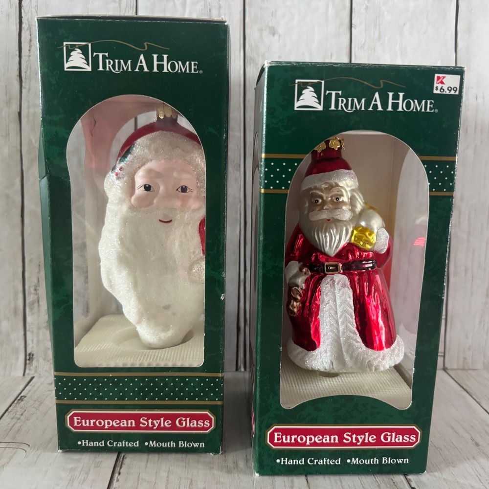 Trim A Home European Style Glass Santa Ornaments Hand Crafted Mouth Blown Set 2